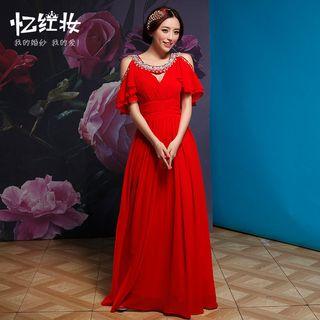 Cutout Shoulder Jeweled Evening Gown