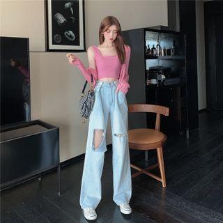 Long-sleeve Cardigan / Sleeveless Top / High Waist Ripped Jeans