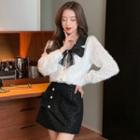 Long-sleeve Bow Panel Furry Shirt / High-waist Skirt