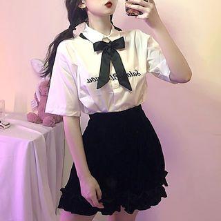 Short-sleeve Lettering Tie-neck Shirt / Elastic Waist Frill Hem Shorts