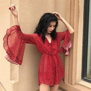 Dot V-neck Bell-sleeve Playsuit