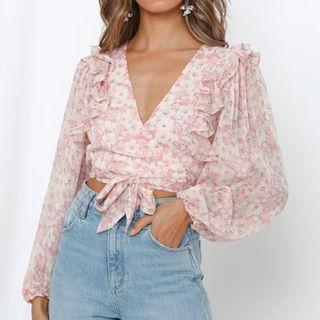 Long-sleeve Floral Print Chiffon Crop Top