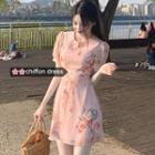 Flower Print Short-sleeve A-line Mini Chiffon Dress Pink - One Size