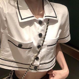 Contrast Trim Short-sleeve Cropped Blouse White - One Size
