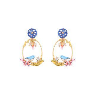 Fashion And Elegant Plated Gold Flower Bird Enamel Earrings With White Cubic Zirconia Golden - One Size