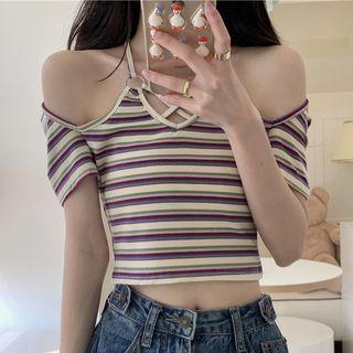 Short-sleeve Cut-out Striped Top