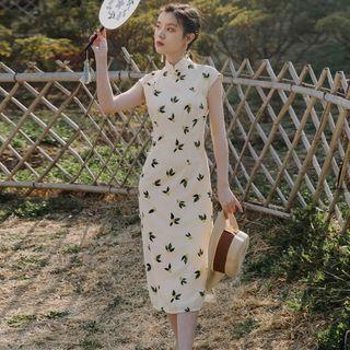Cap-sleeve Floral Print Midi Sheath Qipao Dress