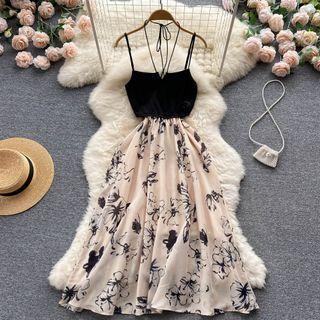 Suspender Halter Print Cutout Waist Dress
