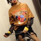 Mock Two Piece Lace Panel Printed Long Sleeve T-shirt