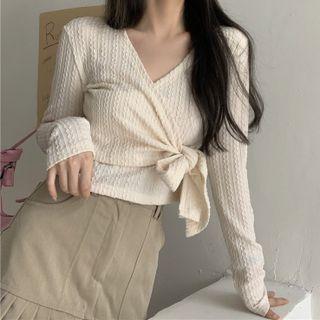 Long Sleeve V Neck Plain Lace-up Crop Top