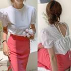 Open-back Puff-sleeve Blouse / Midi Straight-fit Skirt