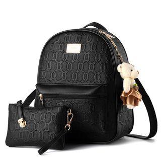 Set: Letter Embossed Faux Leather Backpack + Zip Pouch
