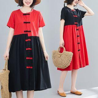 Short-sleeve Frog Button Midi A-line Dress