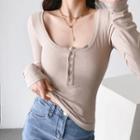 Long Sleeve Button-up Plain Ribbed-knit Sweater