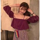 Off-shoulder Puff-sleeve Blouse / Flower Print A-line Skirt