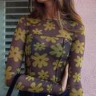 Long-sleeve Flower Print Sheer Top