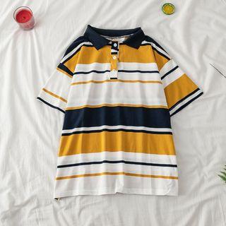 Short-sleeve Wide-stripe Polo Shirt White - One Size