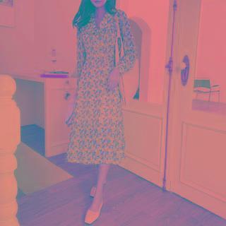 Wide-collar Floral Print Dress Beige - One Size