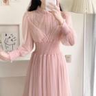 Mock Two-piece Long-sleeve Sheer Midi A-line Dress