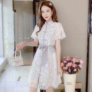 Short-sleeve Lace Panel Lace-up Qipao Dress