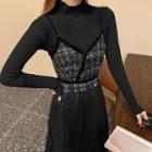 Mock-neck Knit Top / Spaghetti Strap Mesh Midi Dress / Set