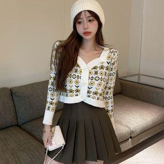 Floral Cardigan / Pleated Skirt / Set