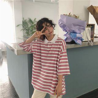 3/4-sleeve Striped Oversized Polo Shirt