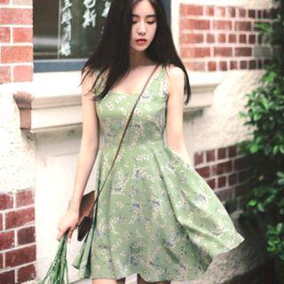 Floral Print Sleeveless Crewneck Chiffon A-line Dress