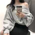 Plain Off-shoulder Puff Sleeve Loose-fit Sweatshirt