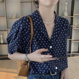 Puff-sleeve Floral Blouse Navy Blue - One Size