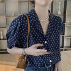 Puff-sleeve Floral Blouse Navy Blue - One Size