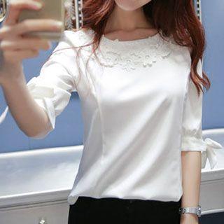 Jacquard Elbow-sleeve Chiffon Top