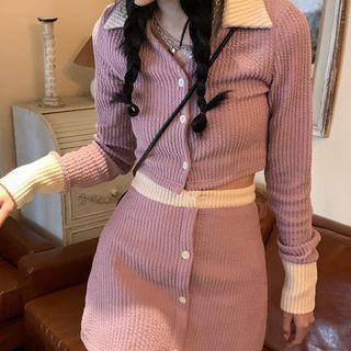 Two-tone Button-up Knit Crop Top / Mini A-line Skirt