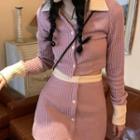 Two-tone Button-up Knit Crop Top / Mini A-line Skirt