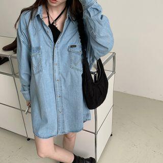 Loose-fit Denim Long Shirt Blue - One Size