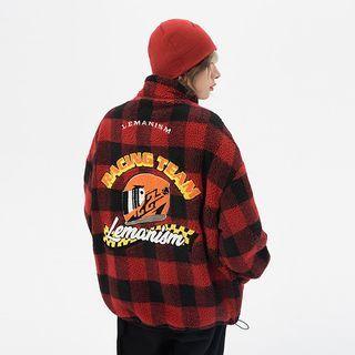 Faux Shearling Gingham Zip Jacket