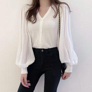Bell Sleeve V-neck Plain Knit Cardigan
