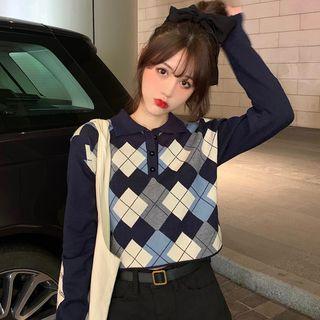 Polo-neck Argyle Cropped Sweater
