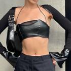 Set: Hater-neck Faux Leather Crop Top + Shrug