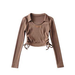 Long-sleeve Lettering Embroidered Drawstring Crop Top