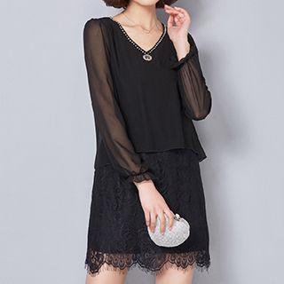 Long-sleeve Embellished-neckline Paneled Dress