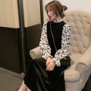 Floral Print Panel Mock Two Piece Velvet Dress