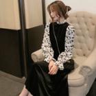 Floral Print Panel Mock Two Piece Velvet Dress