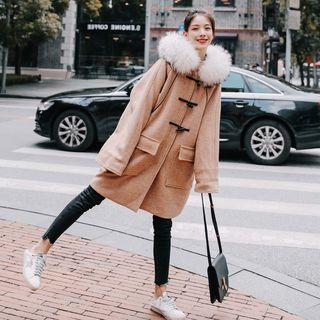 Furry-trim Houndstooth Hooded Duffle Coat
