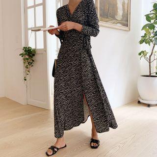 Floral Print Wrap Dress Black - One Size