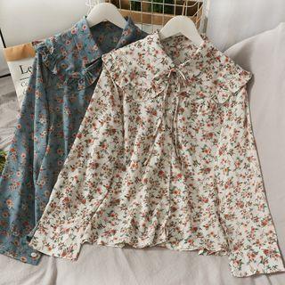 Tie-neckline Floral Loose Shirt