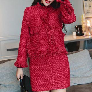 Set: Fringe Trim Tweed Jacket + Pencil Skirt