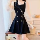 Mesh Sleeve Double Breasted Mini A-line Dress