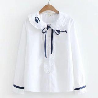 Cat Paw Embroidered Tie-neck Shirt