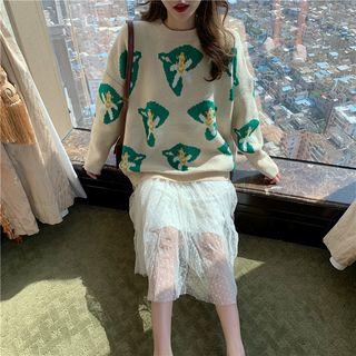 Oversized Print Sweater / Dotted Mesh Panel Tank Dress